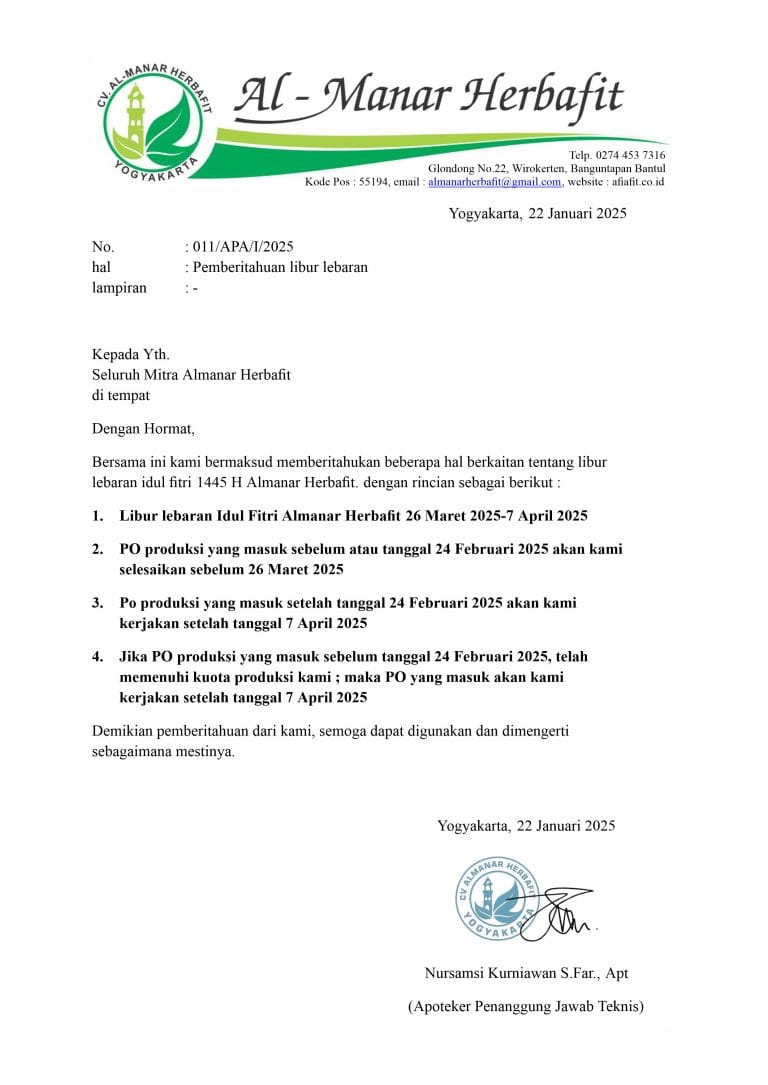 Pengumuman PO Terakhir Sebelum Libur Lebaran Almanar Herbafit