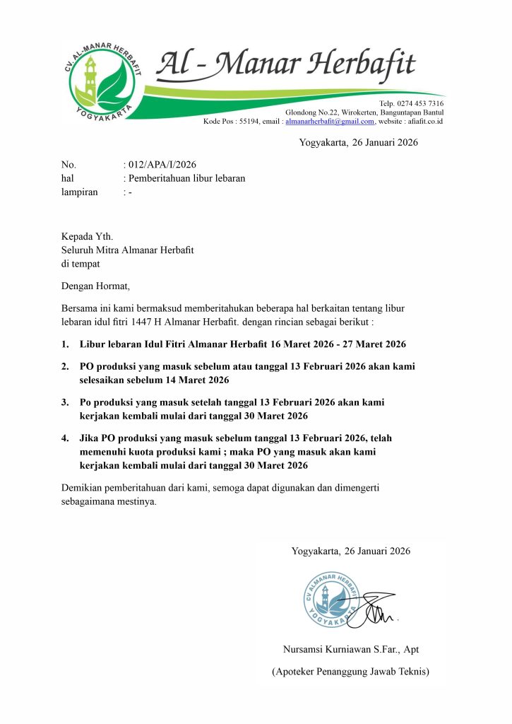 surat pemberitahuan libur lebaran cv almanar herbafit tahun 2026