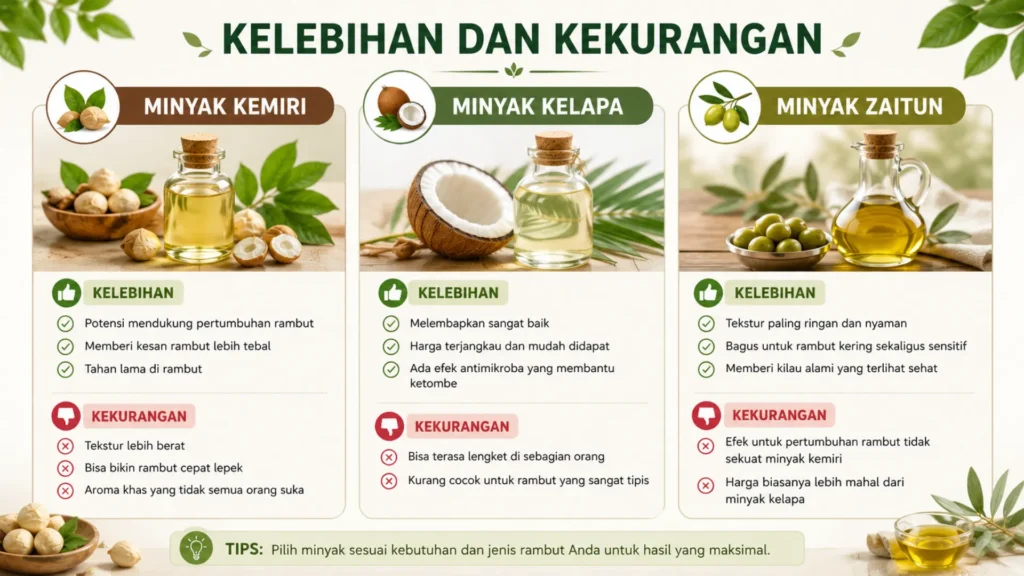Kelebihan dan Kekurangan Minyak rambut dari Minyak Kemiri, Minyak Kelapa, Minyak Zaitun