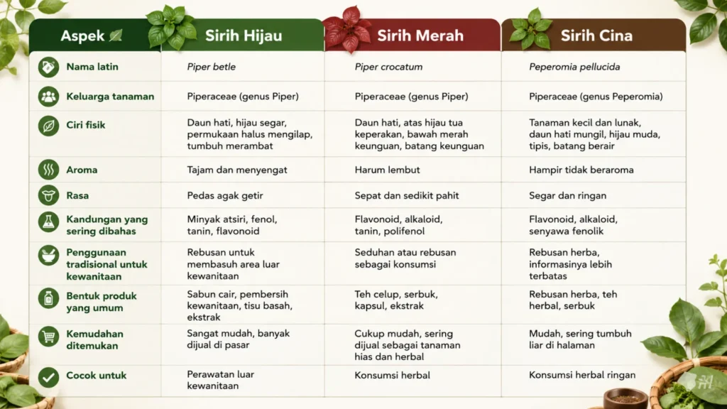 Tabel perbandingan sirih hijau, sirih merah, sirih cina